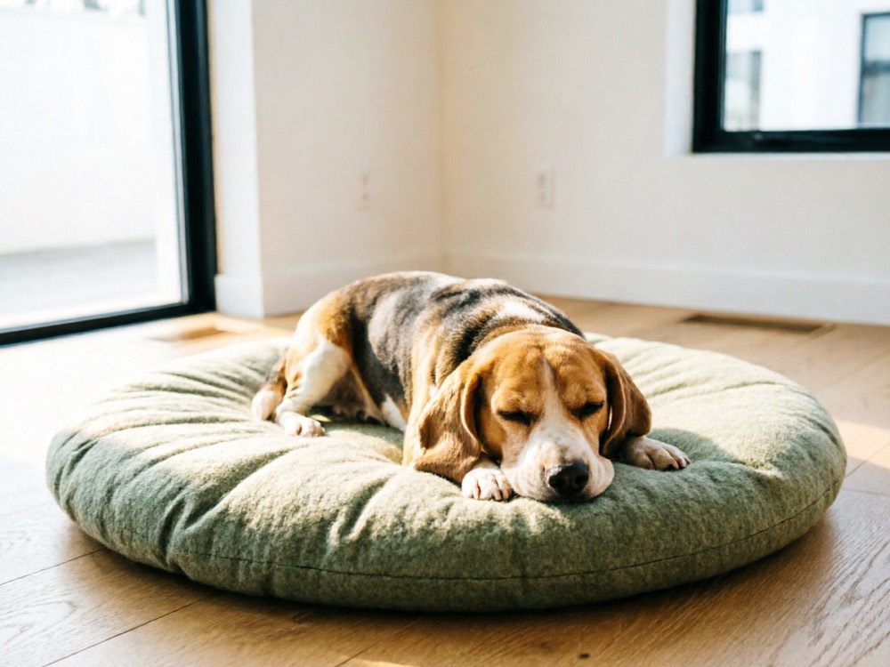 Beagle die ontspannen rust op een groene mand
